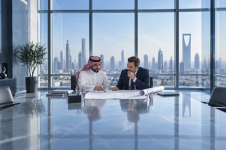 Consultant and client reviewing plans in a modern office for professional indemnity insurance