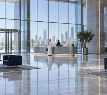 public-liability-insurance Visitor speaking to a receptionist in a commercial lobby for public liability insurance