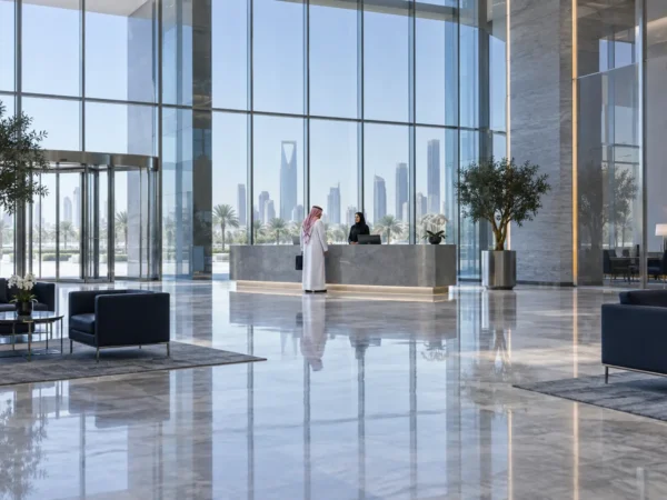 public-liability-insurance Visitor speaking to a receptionist in a commercial lobby for public liability insurance