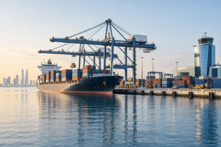 Container ship at a commercial port for marine insurance