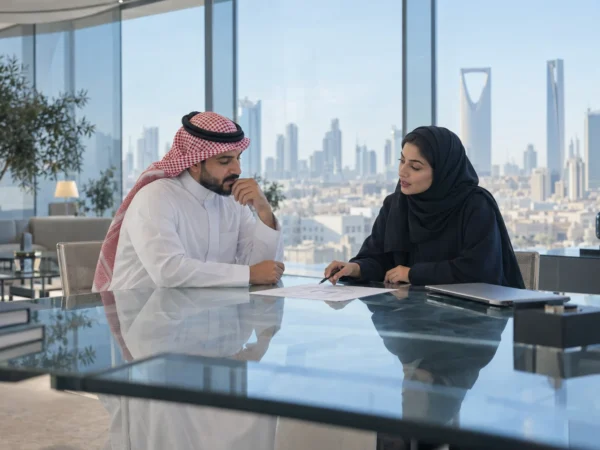 insurance-advice Saudi business owner and insurance advisor reviewing coverage in a modern glass office