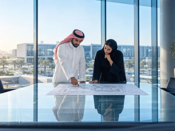 risk-management Risk advisors reviewing a commercial site plan in a modern glass office